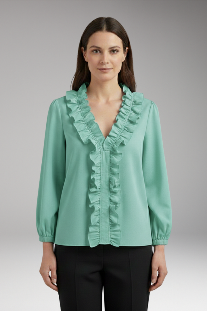 Women's Blouse with Ruffle V-Neck and Long Sleeves
