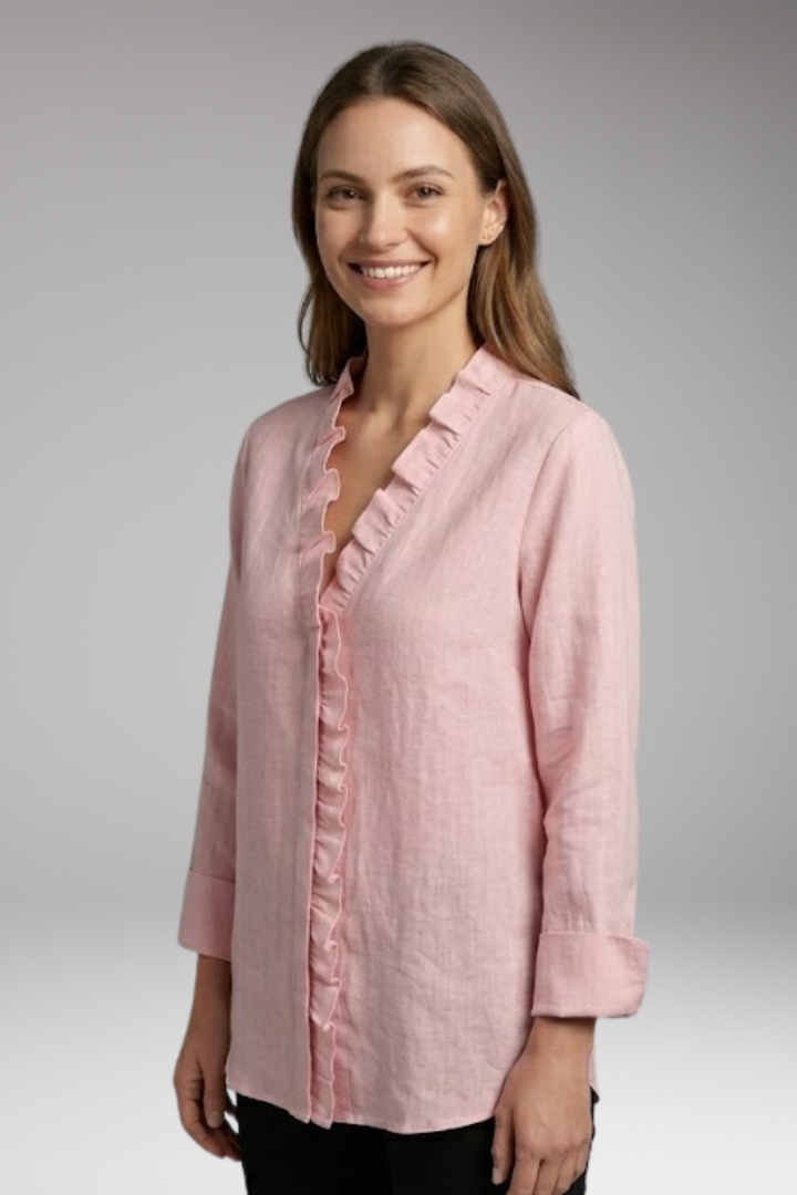 Women's Blouse with Ruffled V-Neck and Long Sleeves