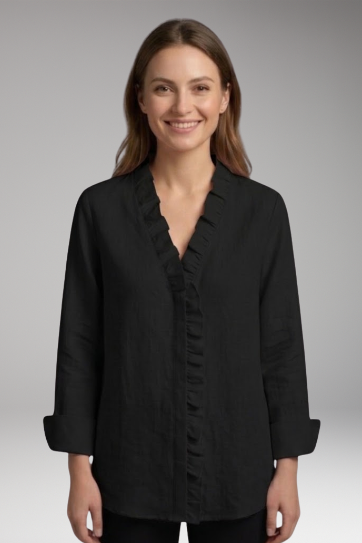 Women's Blouse with Ruffled V-Neck and Long Sleeves