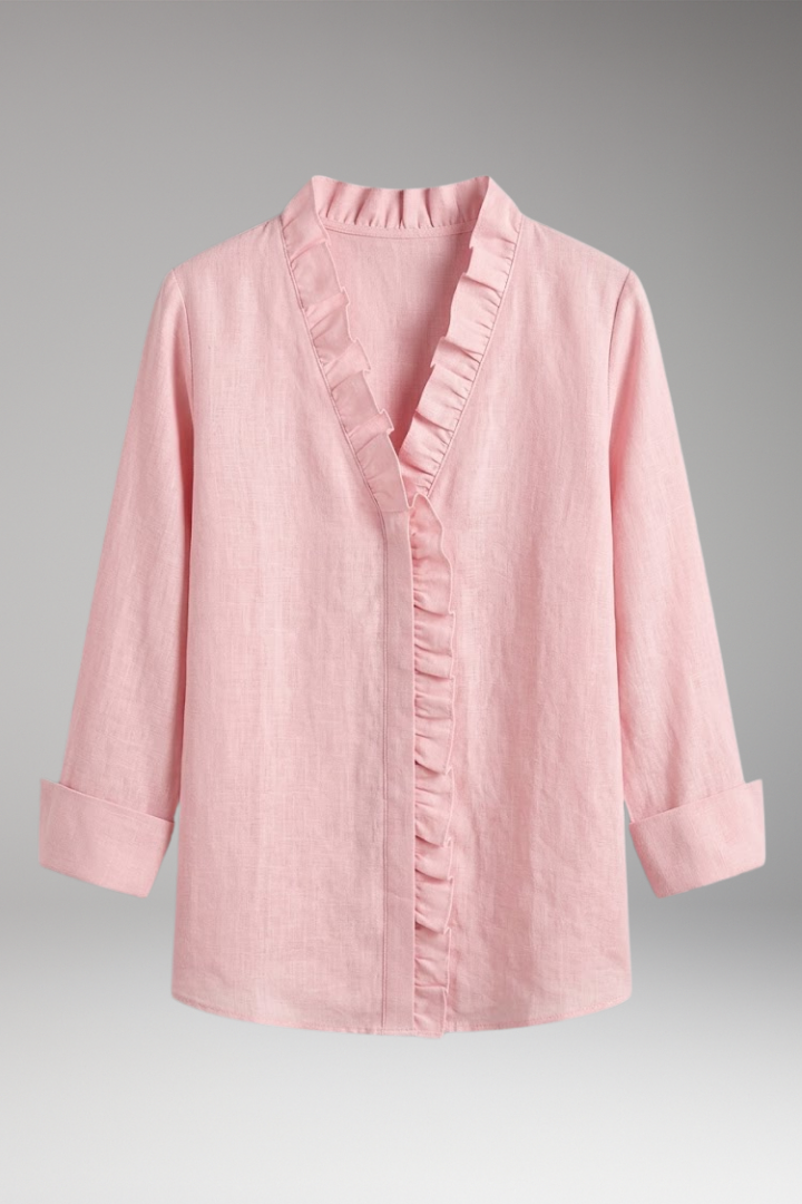 Women's Blouse with Ruffled V-Neck and Long Sleeves