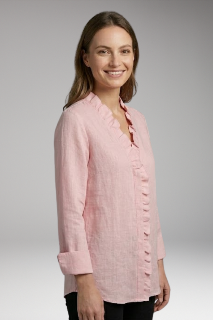 Women's Blouse with Ruffled V-Neck and Long Sleeves