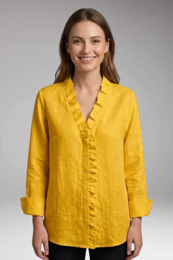 Women's Blouse with Ruffled V-Neck and Long Sleeves