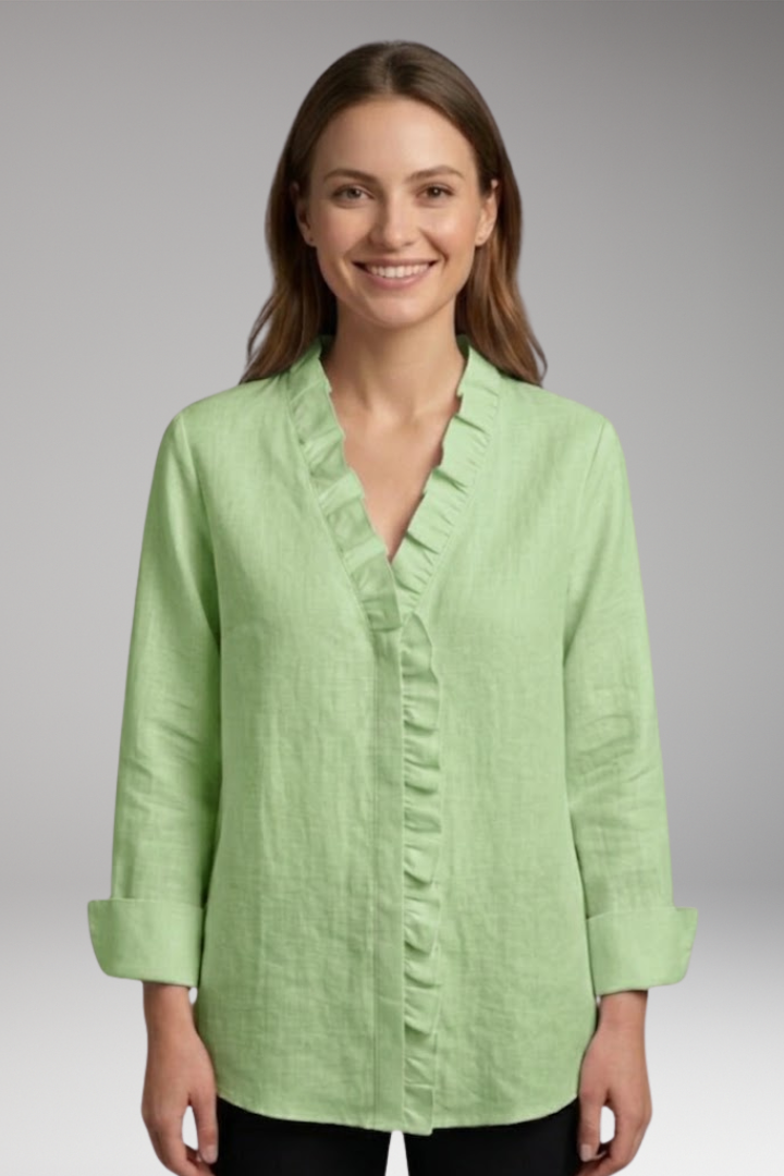 Women's Blouse with Ruffled V-Neck and Long Sleeves