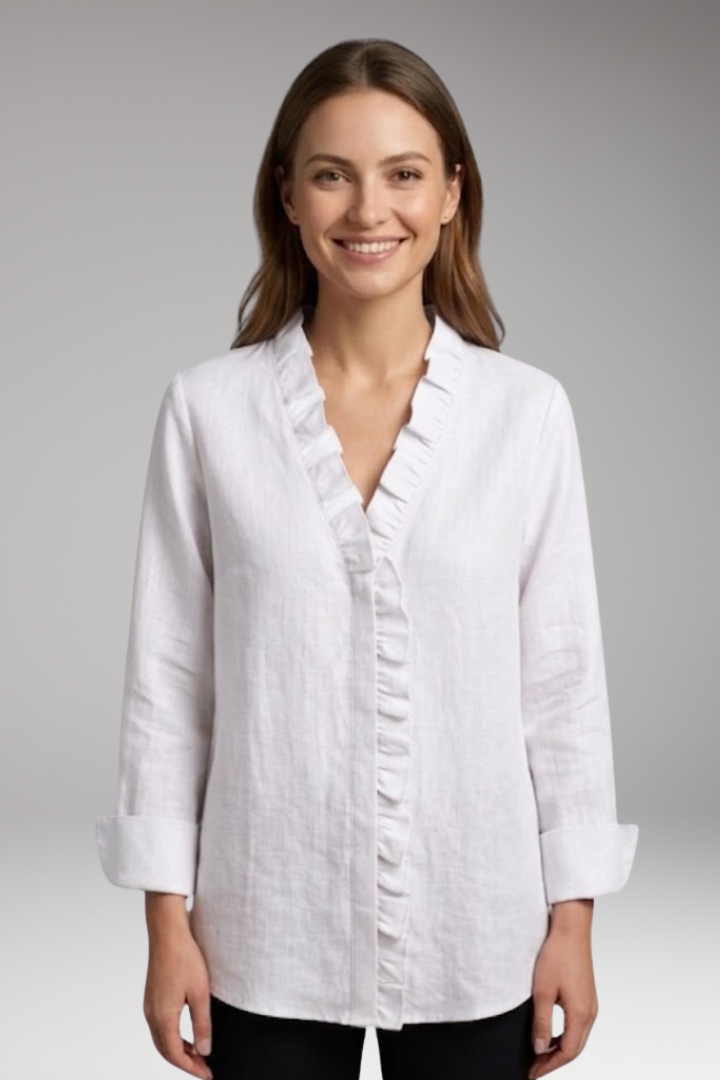 Women's Blouse with Ruffled V-Neck and Long Sleeves