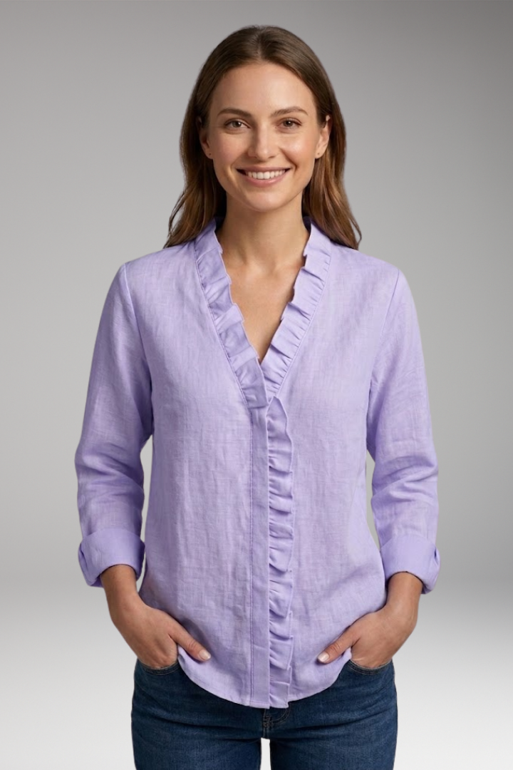 Women's Blouse with Ruffled V-Neck and Long Sleeves