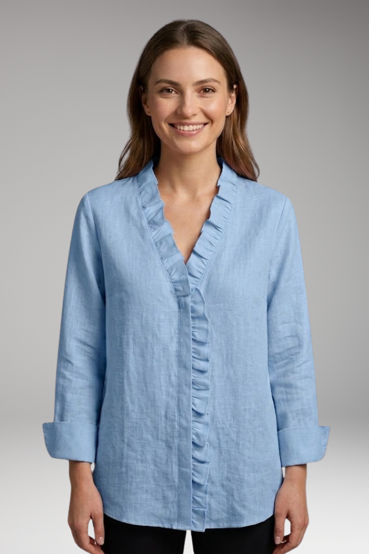 Women's Blouse with Ruffled V-Neck and Long Sleeves