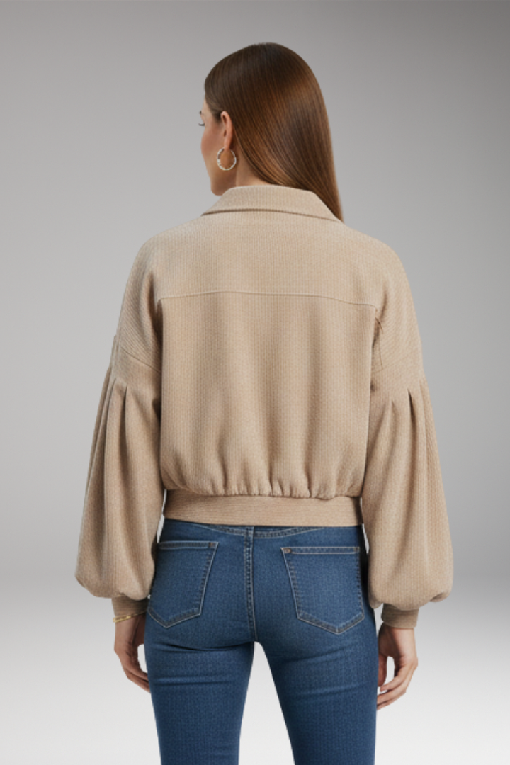 Women's Blouson Jacket with Zipper Closure and Ribbed Edges