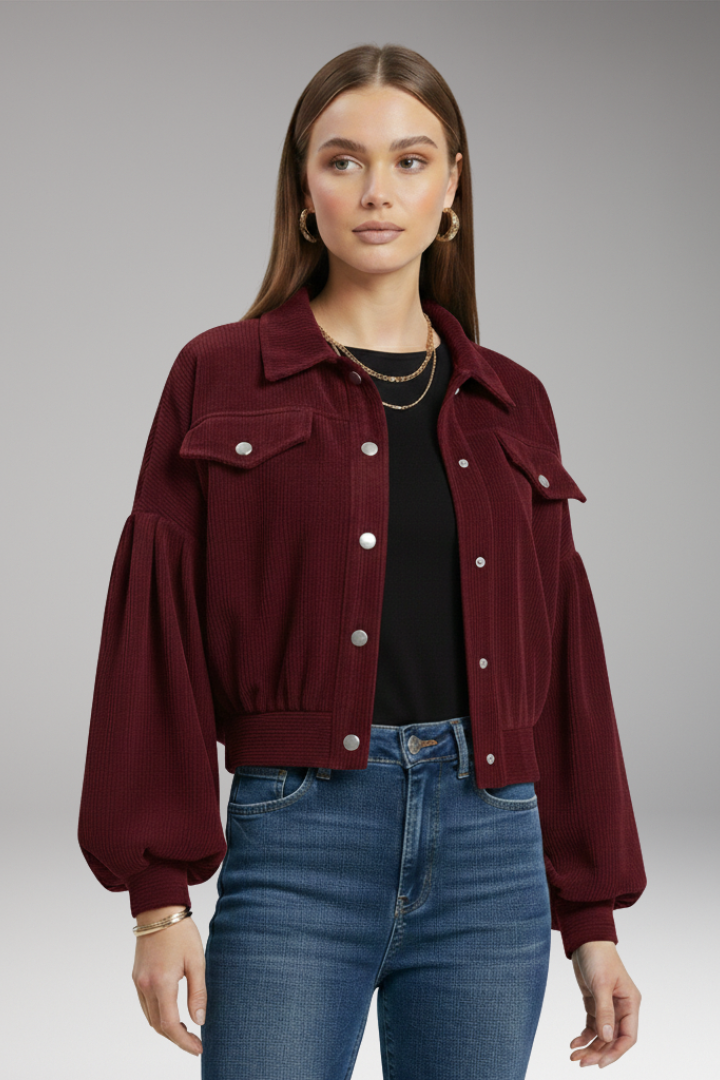 Women's Blouson Jacket with Zipper Closure and Ribbed Edges