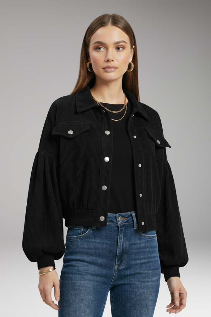 Women's Blouson Jacket with Zipper Closure and Ribbed Edges