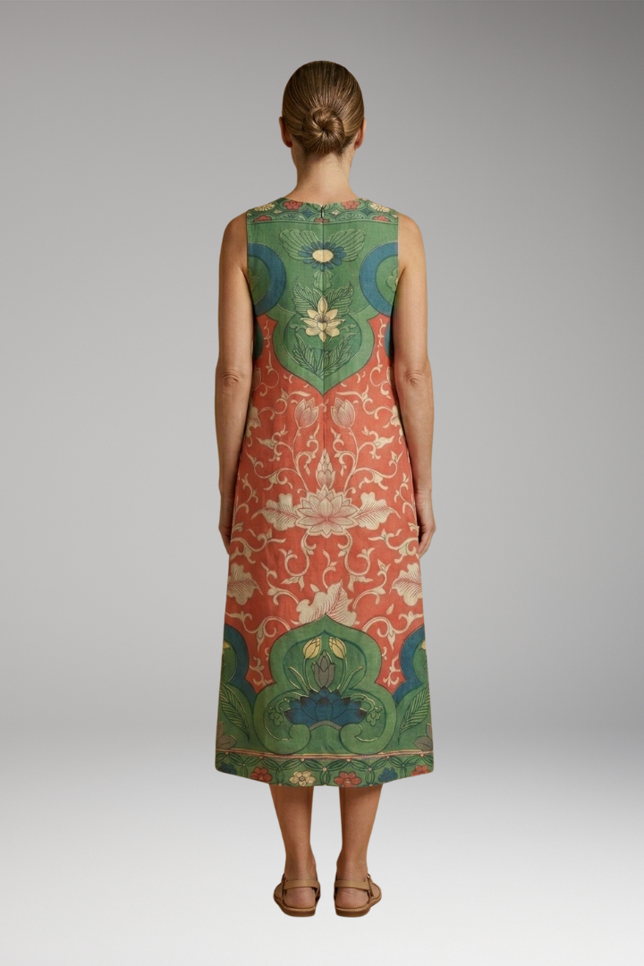 Women's Bohemian Midi Dress with Floral Patterns and Relaxed Fit
