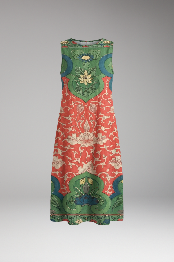 Women's Bohemian Midi Dress with Floral Patterns and Relaxed Fit