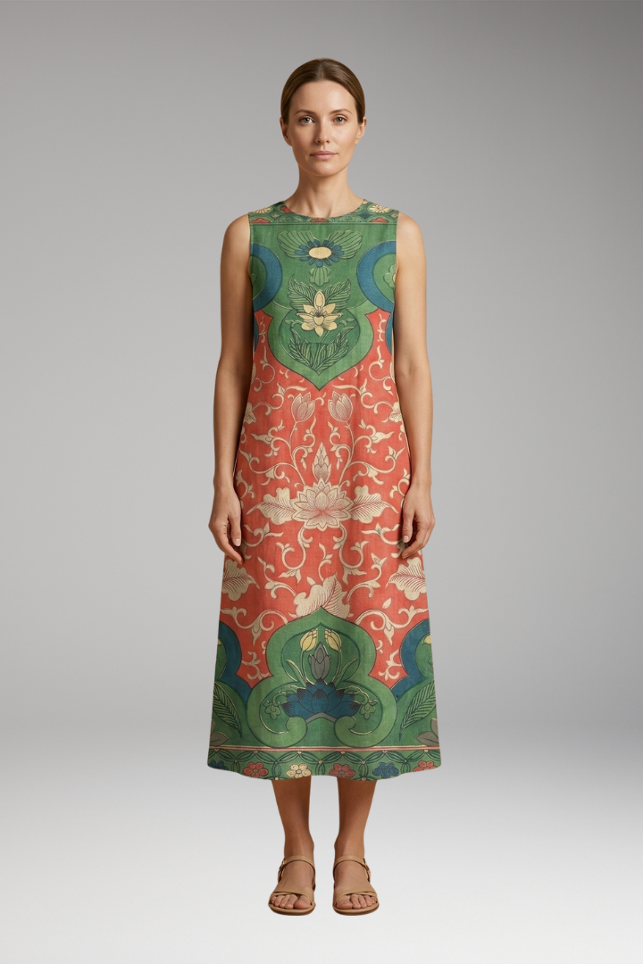 Women's Bohemian Midi Dress with Floral Patterns and Relaxed Fit