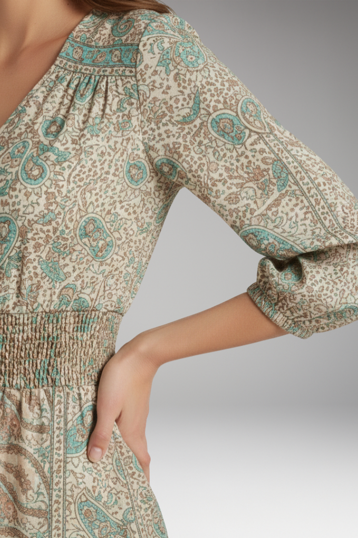 Women's Bohemian Print Dress with V-Neck and Relaxed Fit