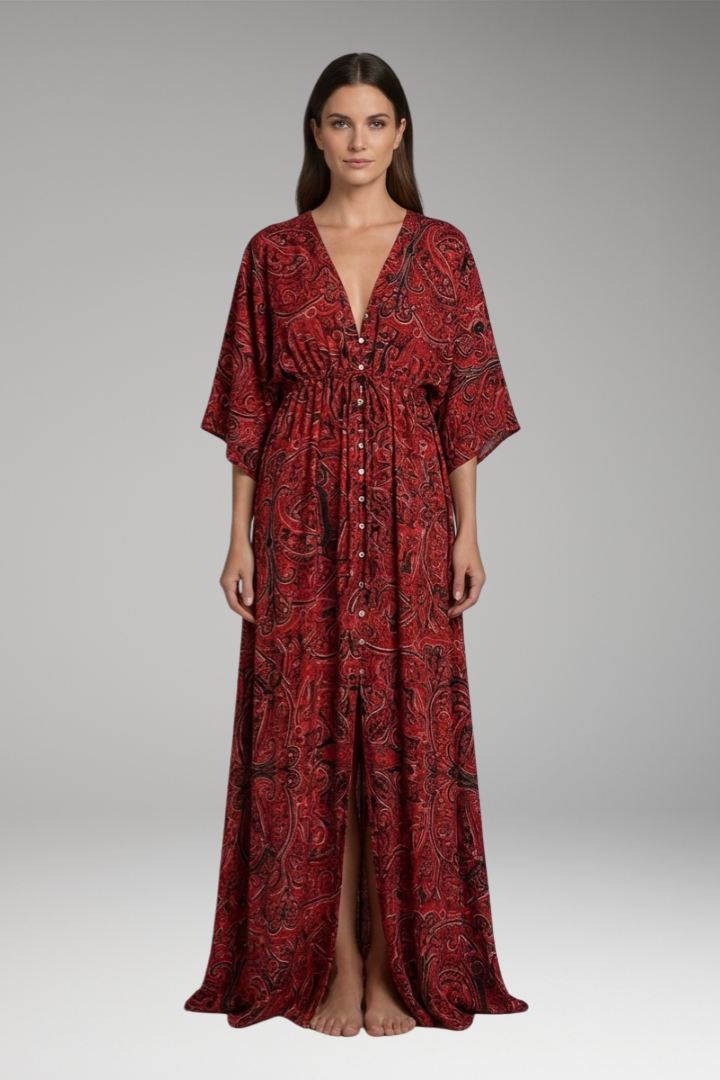 Women's Bohemian Print Dress with V-Neck and Relaxed Fit
