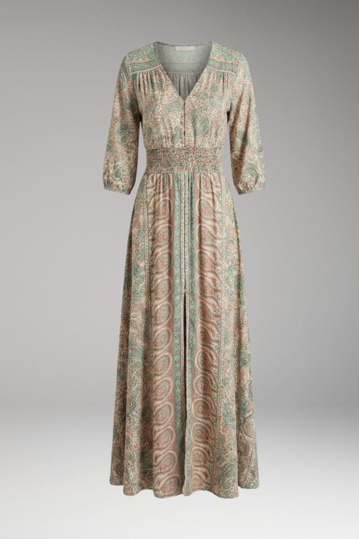 Women's Bohemian Print Dress with V-Neck and Relaxed Fit
