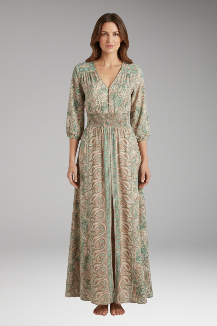 Women's Bohemian Print Dress with V-Neck and Relaxed Fit