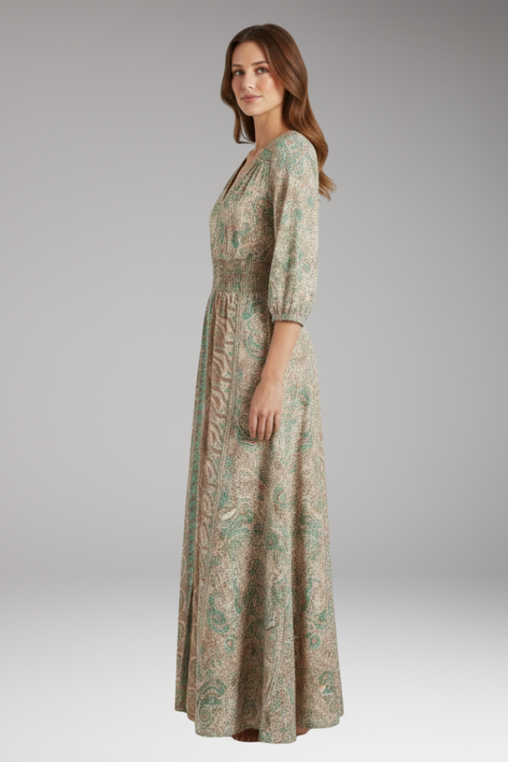 Women's Bohemian Print Dress with V-Neck and Relaxed Fit