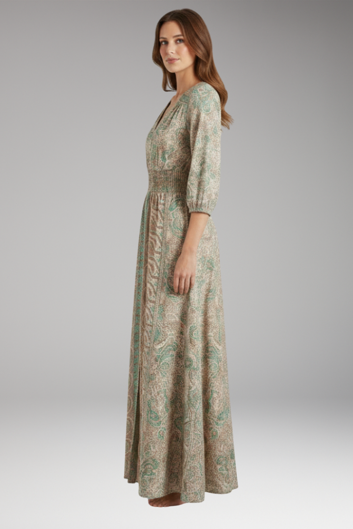 Women's Bohemian Print Dress with V-Neck and Relaxed Fit