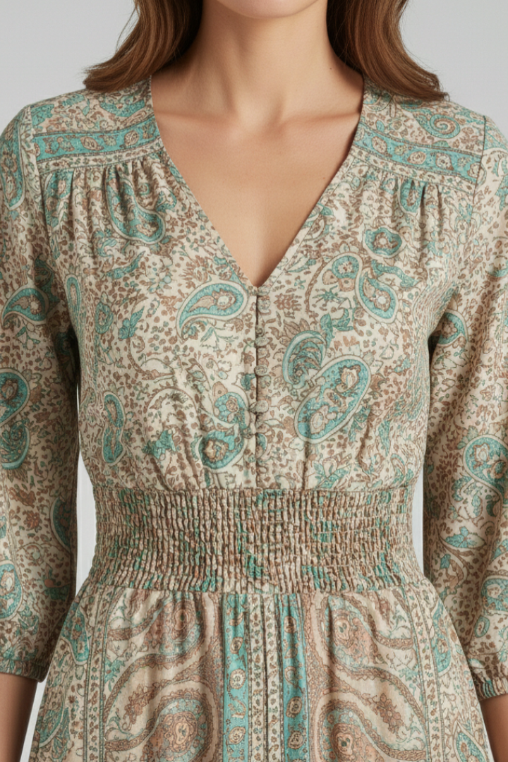 Women's Bohemian Print Dress with V-Neck and Relaxed Fit