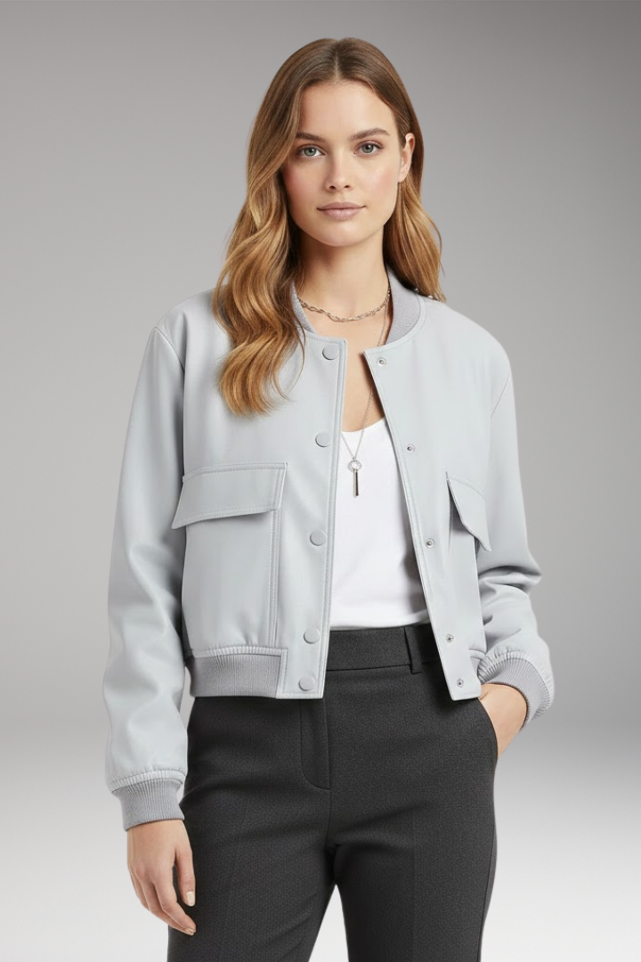 Women's Bomber Jacket with Button Closure and Pockets