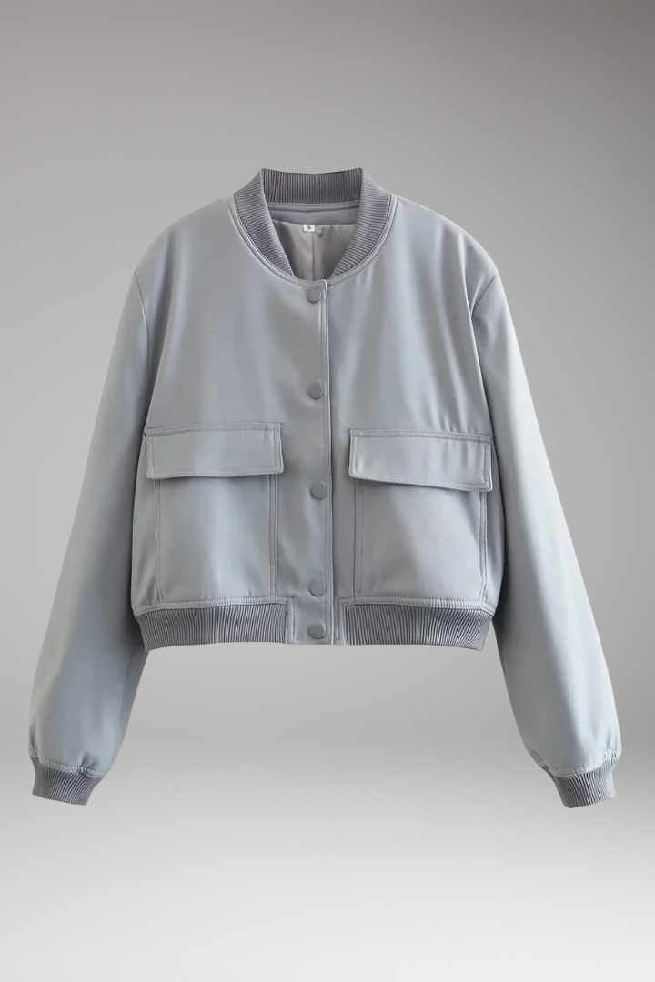 Women's Bomber Jacket with Button Closure and Pockets