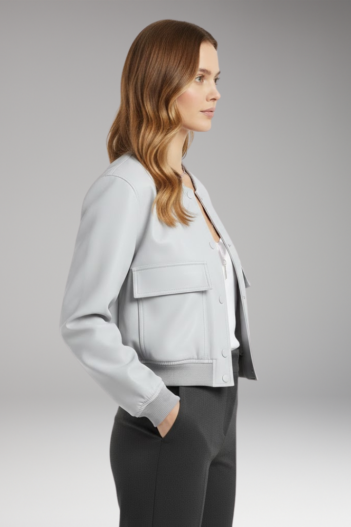 Women's Bomber Jacket with Button Closure and Pockets