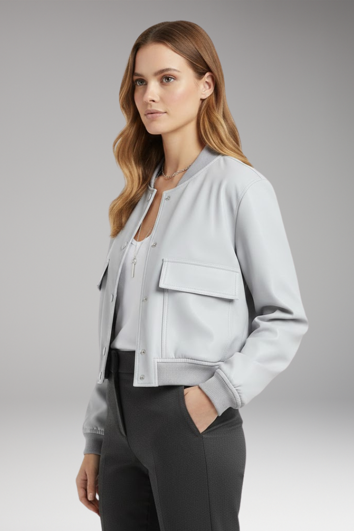 Women's Bomber Jacket with Button Closure and Pockets