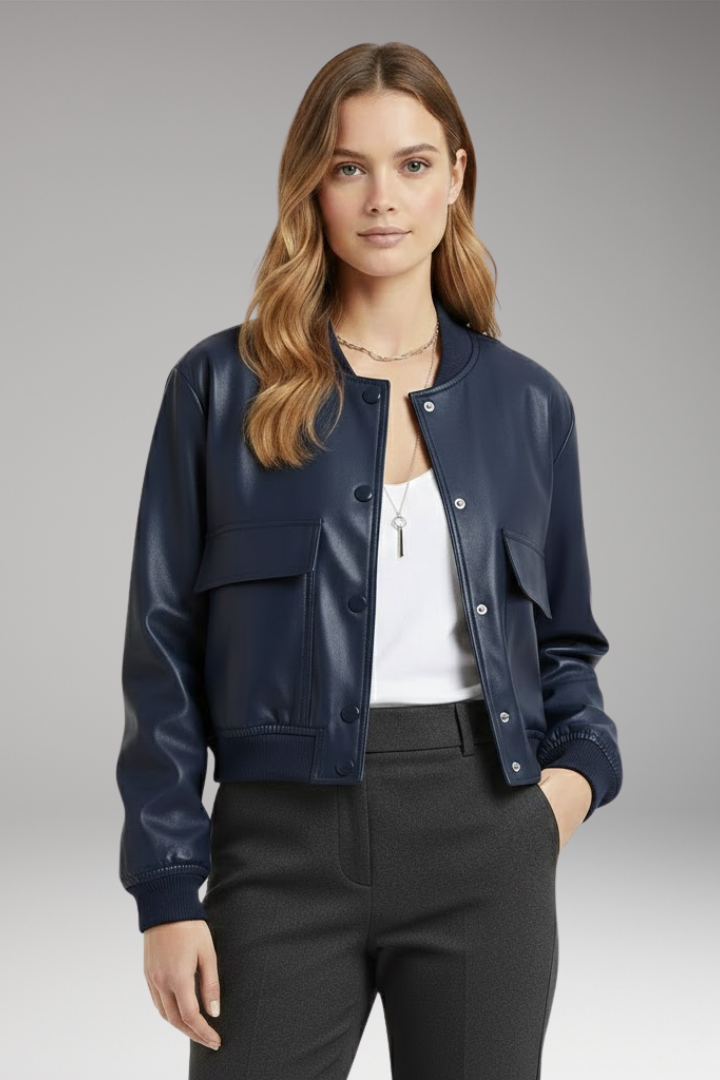 Women's Bomber Jacket with Button Closure and Pockets