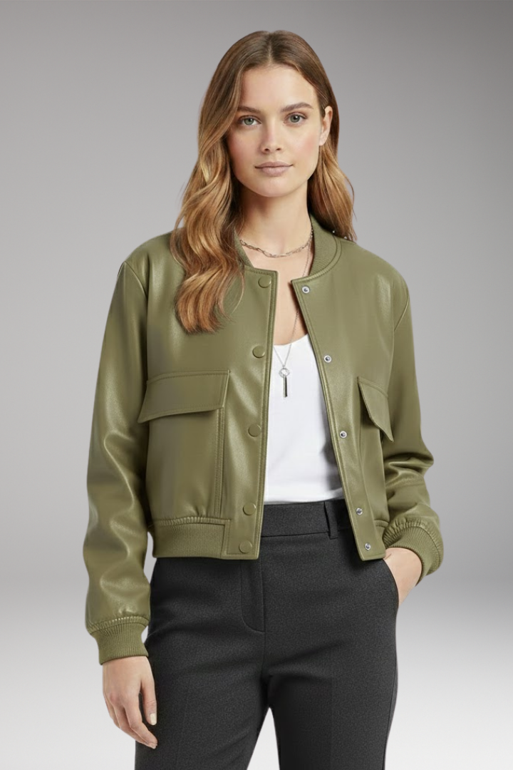 Women's Bomber Jacket with Button Closure and Pockets