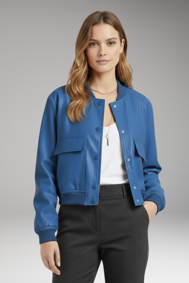 Women's Bomber Jacket with Button Closure and Pockets