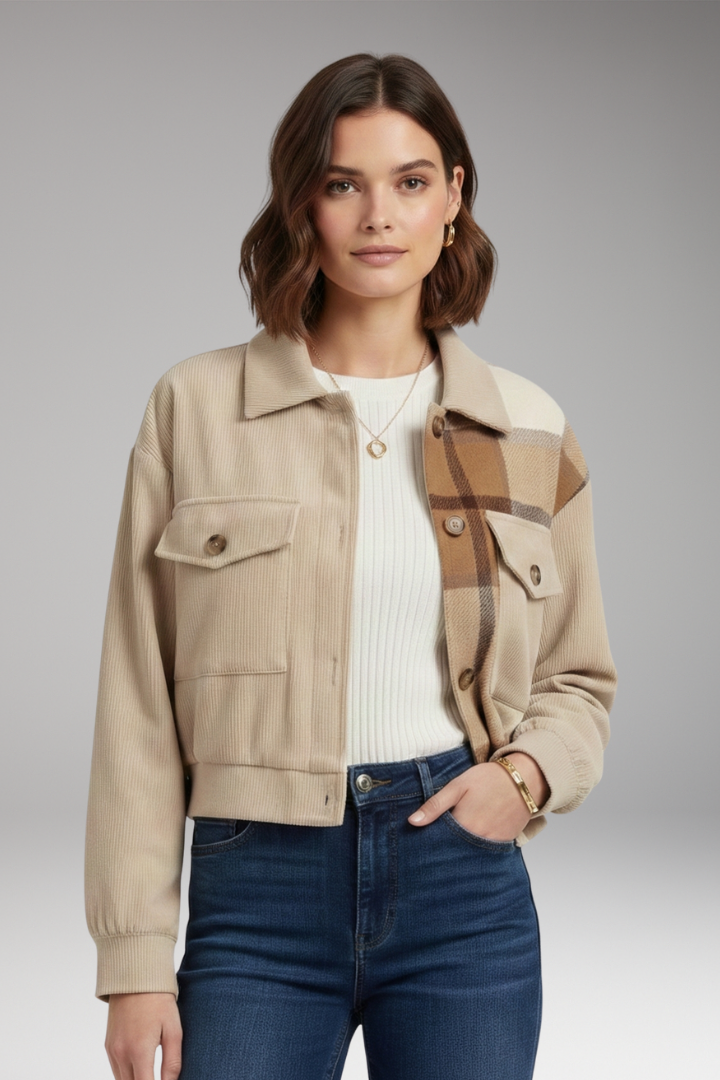Women's Bomber Jacket with Checkered Pattern and Button Placket