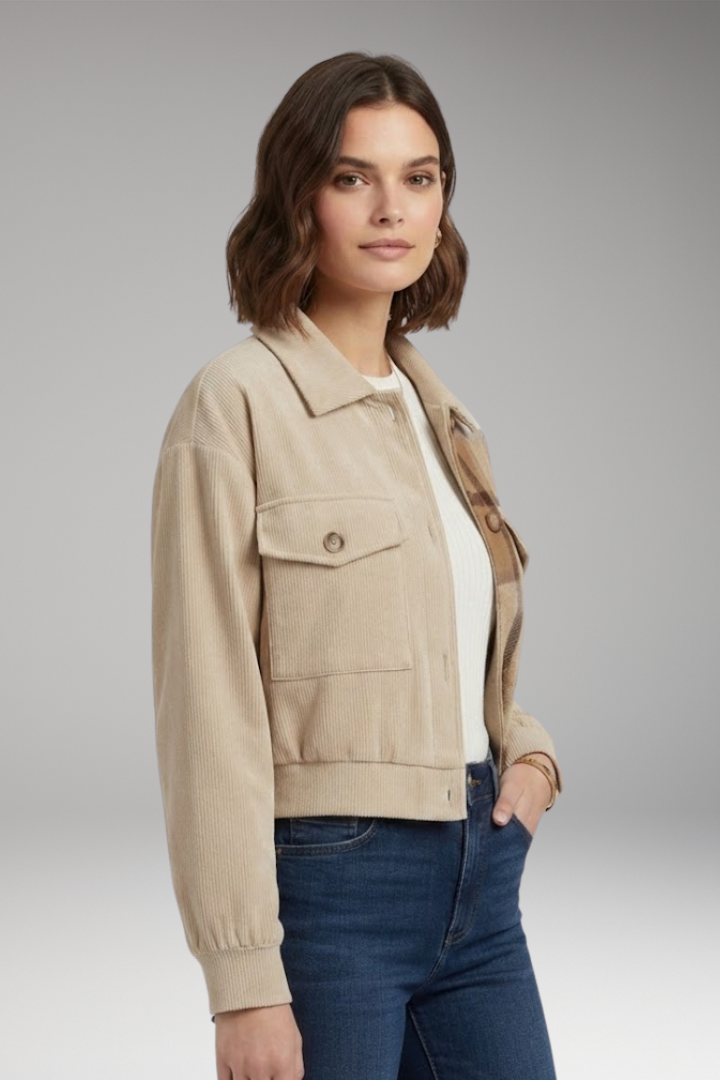 Women's Bomber Jacket with Checkered Pattern and Button Placket