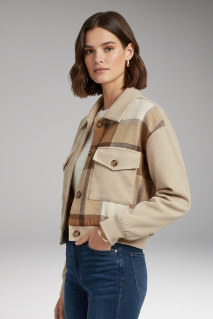 Women's Bomber Jacket with Checkered Pattern and Button Placket