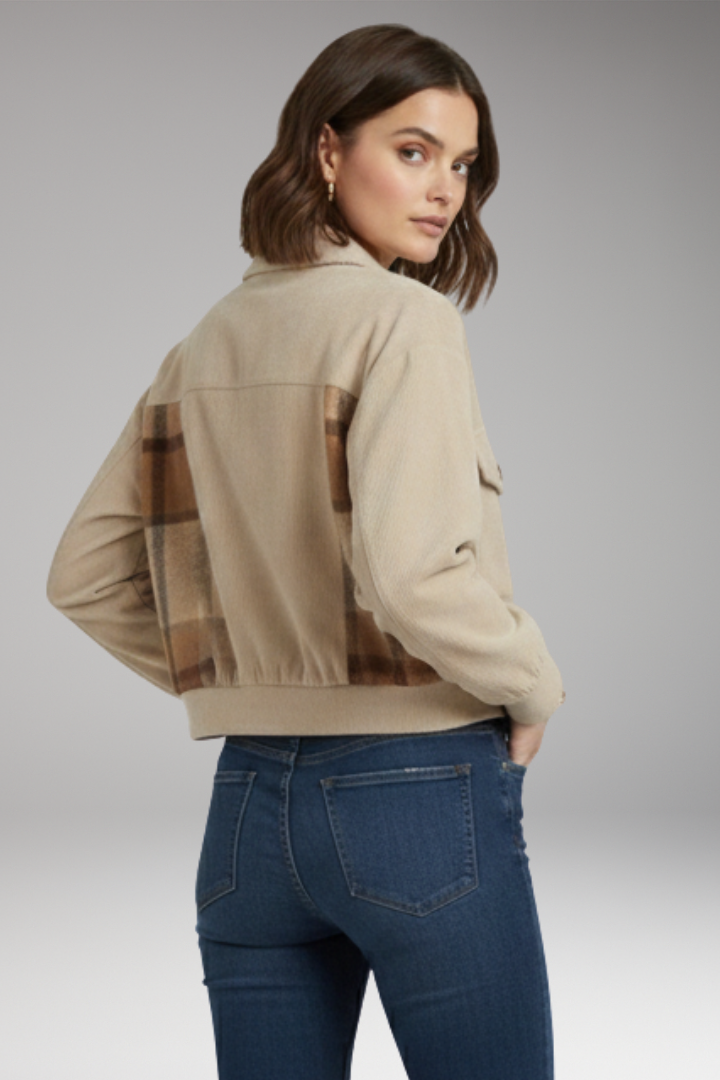 Women's Bomber Jacket with Checkered Pattern and Button Placket