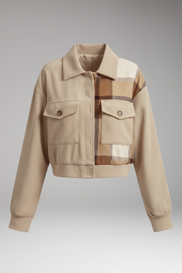 Women's Bomber Jacket with Checkered Pattern and Button Placket