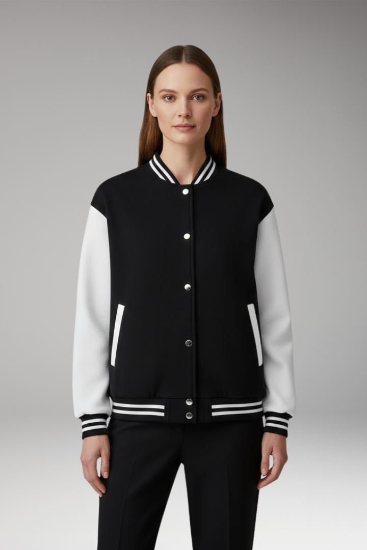 Women's Bomber Jacket with Contrast Sleeves and Snap Button Closure
