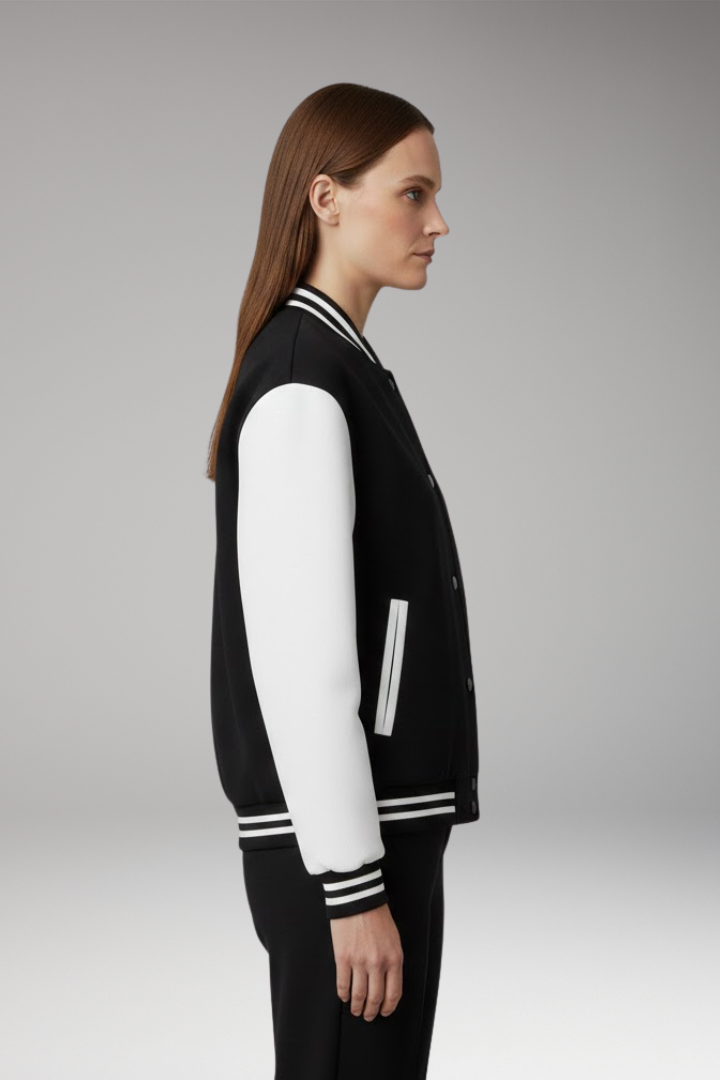 Women's Bomber Jacket with Contrast Sleeves and Snap Button Closure