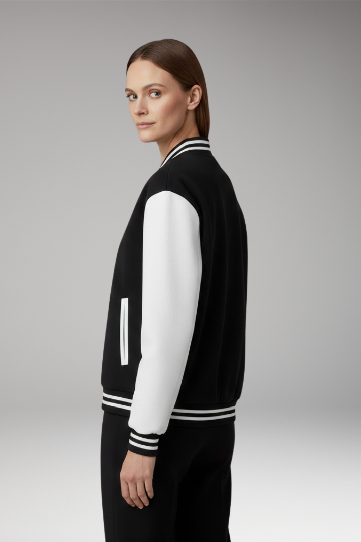 Women's Bomber Jacket with Contrast Sleeves and Snap Button Closure