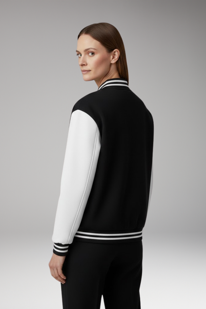 Women's Bomber Jacket with Contrast Sleeves and Snap Button Closure
