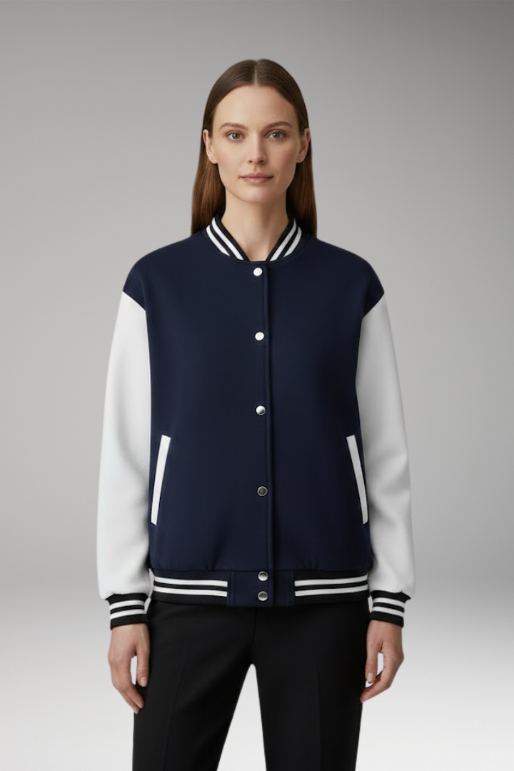 Women's Bomber Jacket with Contrast Sleeves and Snap Button Closure