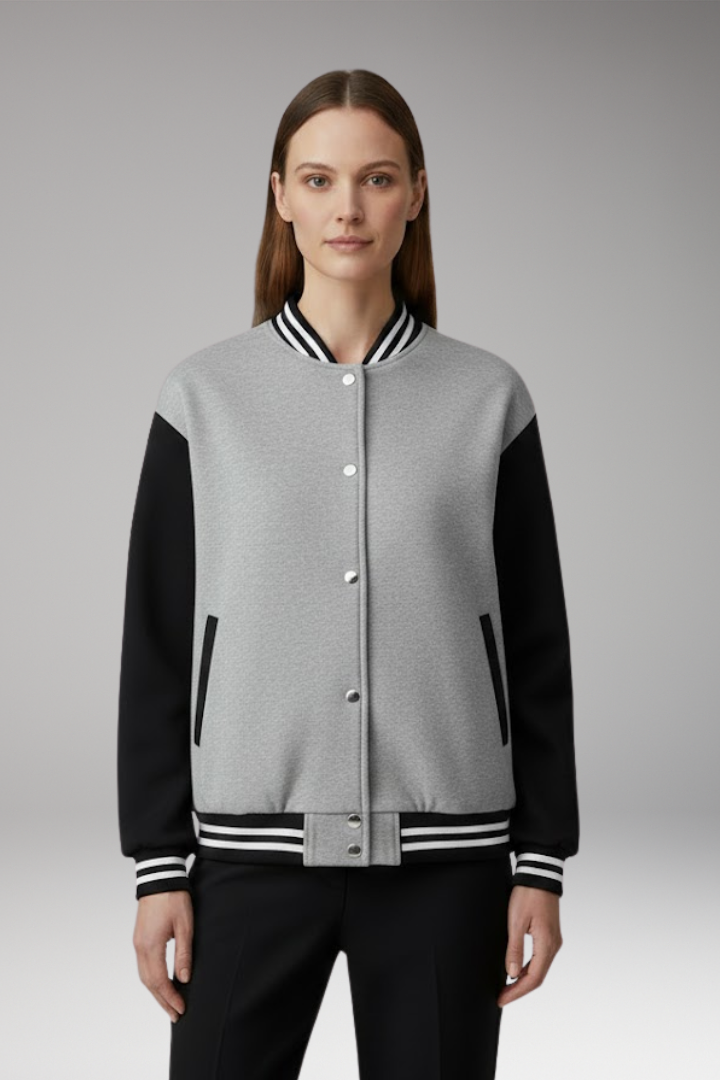Women's Bomber Jacket with Contrast Sleeves and Snap Button Closure