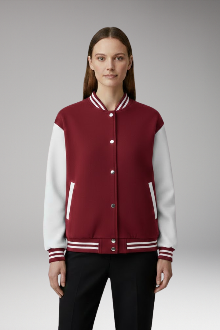 Women's Bomber Jacket with Contrast Sleeves and Snap Button Closure