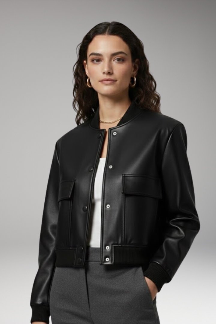 Women's Bomber Jacket with Elastic Cuffs and Front Pockets