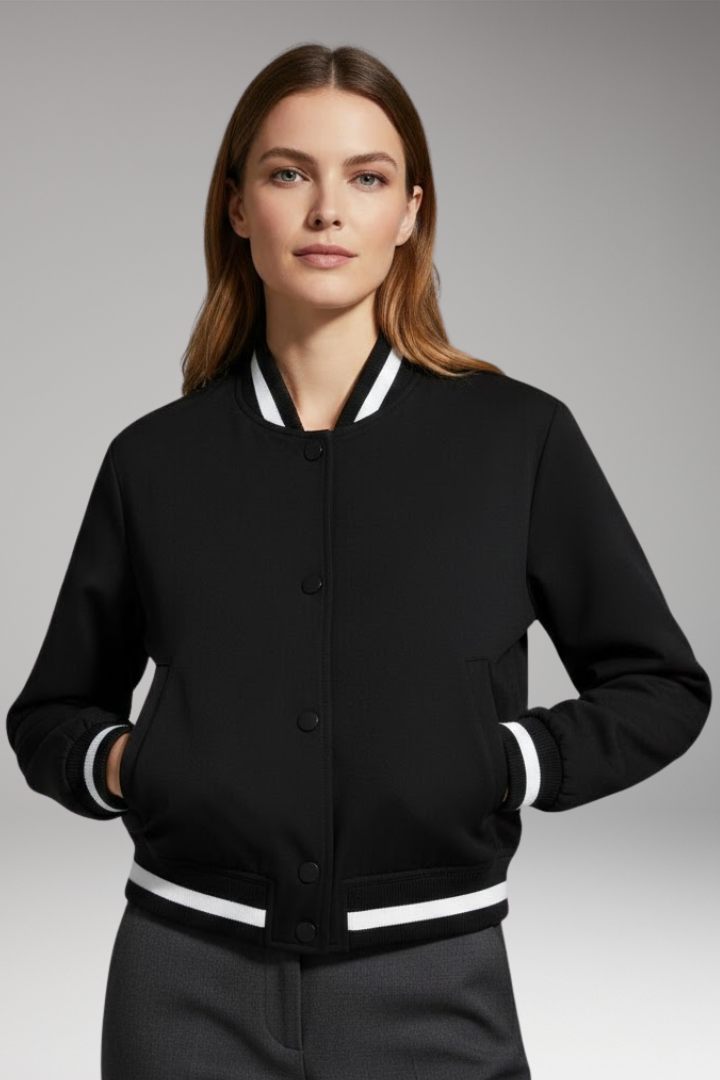 Women's Bomber Jacket with Elastic Cuffs and Snap Button Closure