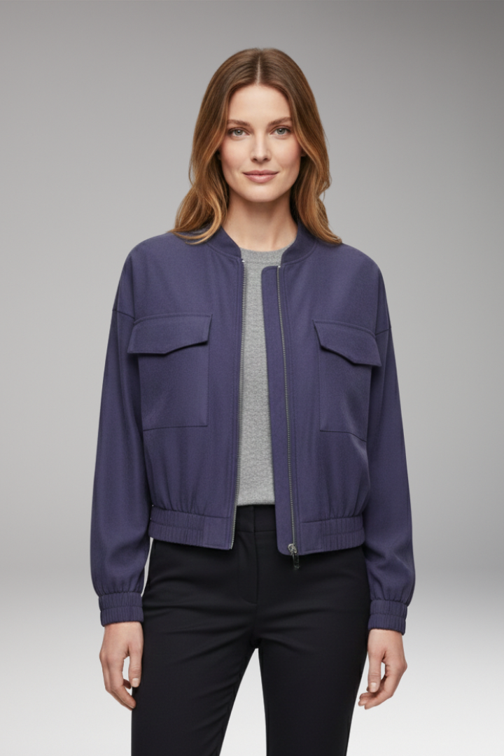 Women's Bomber Jacket with Elastic Waistband and Patch Pockets