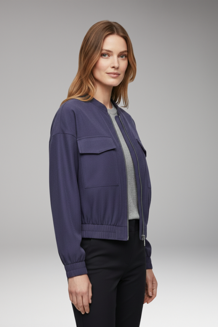 Women's Bomber Jacket with Elastic Waistband and Patch Pockets
