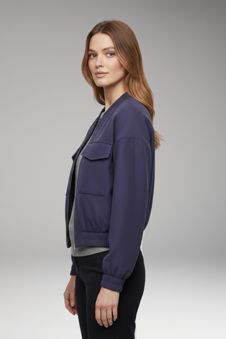 Women's Bomber Jacket with Elastic Waistband and Patch Pockets