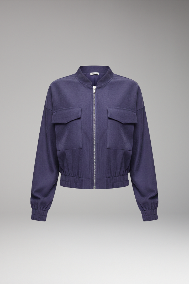 Women's Bomber Jacket with Elastic Waistband and Patch Pockets
