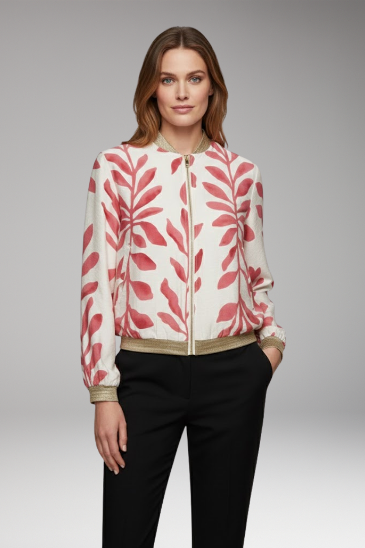 Women's Bomber Jacket with Floral Design and Seam-Stitched Pockets