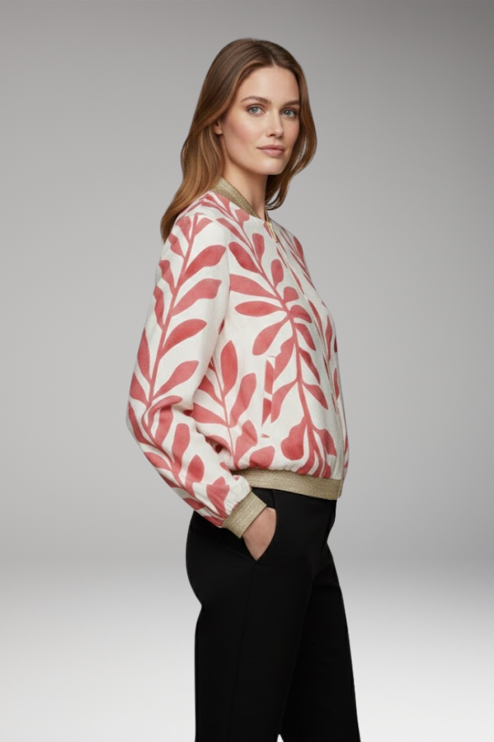 Women's Bomber Jacket with Floral Design and Seam-Stitched Pockets